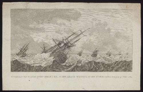 Kopergravure. Het vergaan van 's lands schip Drenthe bij Menorca in 1784.